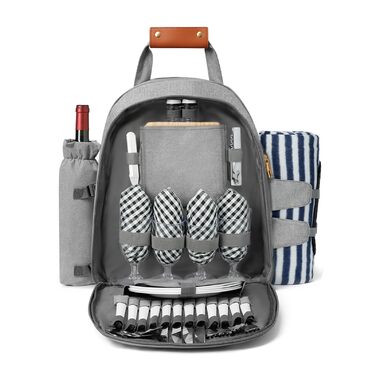 Рюкзак для пікніка на 4 особи з відділенням-холодильником та підставкою для вина, флісовою ковдрою, набором столових приборів, для кемпінгу, пляжу, одноденних поїздок, походів, аксесуарами (світло-сірий)