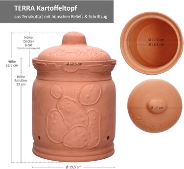 Горщик для картоплі MamboCat Terra Terra Terra I Ø 19,3 см I Глиняний горщик з кришкою для вашої кухні I Фігурна коробка для зберігання з рельєфом і написом I Ідеально підходить для тривалого зберігання