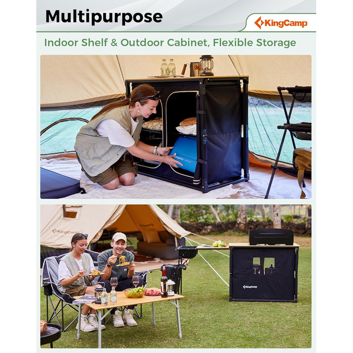 Складана кемпінгова кухня KingCamp з раковиною, бамбукова кемпінгова шафа, складна вулична кухня з місцем для зберігання, вітровим склом та тримачем для лампи, міцна алюмінієва рама, дорожня кухня, кемпінгові меблі для пікніків-барбекю, кемпінгова шафа з 