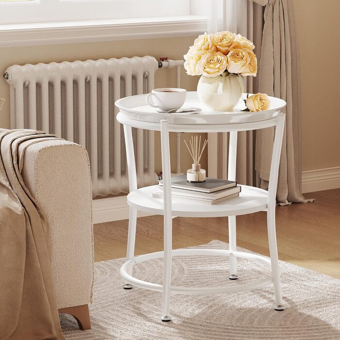 Круглий журнальний столик YITAHOME з двоярусним місцем для зберігання та знімним підносом, журнальний столик для вітальні, спальні або квартири, міцний журнальний столик, регульовані ніжки, білий, 45 x 45 x 53 см