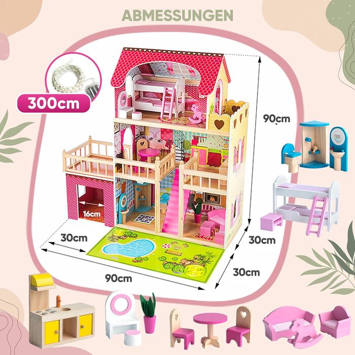 Дерев&39яний ляльковий будиночок Kinderplay Велика 3-поверхова вілла з гаражем та садом Світлодіодне освітлення, 17 предметів меблів Для дітей від 3 років, Ляльки до 30 см 90 см заввишки, Рожевий