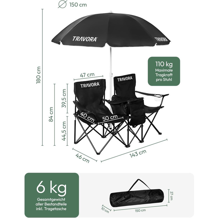 Двомісний парний кемпінговий стілець із сонцезахисним тентом, відділенням-холодильником та логотипом - складний кемпінговий стілець для двох осіб - складний кемпінговий стілець - кемпінговий стілець/рибальський стілець як двомісний, чорний