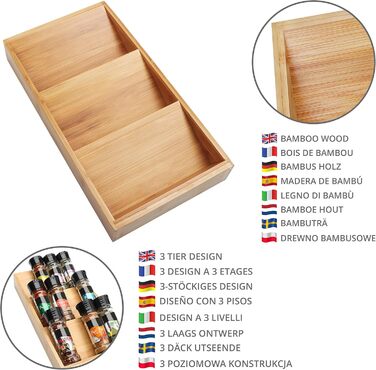 Стійка для спецій Kurtzy для кухні, 3 яруси, виготовлена з бамбукового дерева, стійка для спецій, горизонтальна шухляда зберігання спецій упорядкуйте сіль, спеції, трави та вітаміни у ваших шафках