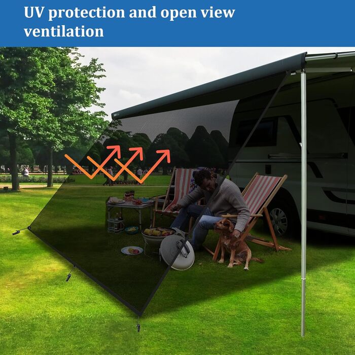Сонячний тент для автофургона, вітропроникна передня панель 2,44 м x 3,8 м для тенту, універсальний екран для забезпечення конфіденційності з повним комплектом, захист від сонця 86, захист від вітру та дощу