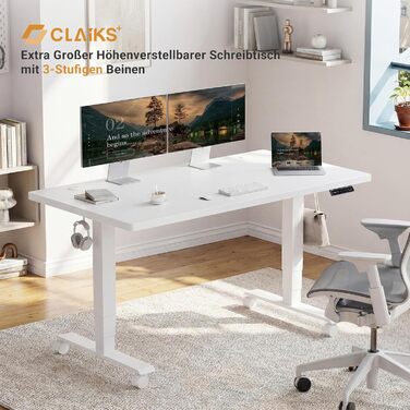 Стіл Claiks з регульованою висотою 16075 см, з 2 електродвигунами, товщиною стільниці 25 мм, вантажопідйомність 130 кг, стіл з регульованою висотою, 3-функціональною пам&39яттю та 4 тихими колесами, білий 160 x 75 см