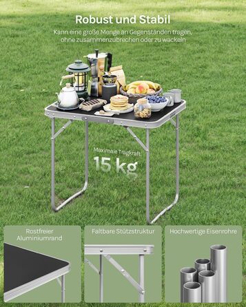 Кемпінговий стіл WOLTU з алюмінієвою рамою та ручкою, садовий стіл з МДФ, складний дорожній стіл, для пікніків, пляжу та використання на свіжому повітрі, 70 x 60 x 50 см (Ш x В x Г), чорний