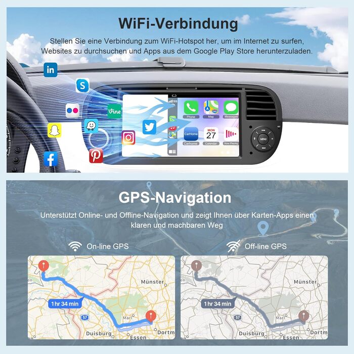 Автомагнітола для Fiat 500 2007-2015 з бездротовим Carplay та головним пристроєм Android Auto, 232 ГБ 7-дюймовий IPS HD сенсорний екран з GPS-навігацією/голосовим керуванням/WiFi/SWC/Bluetooth 5.2/FM/камерою заднього виду, чорний колір