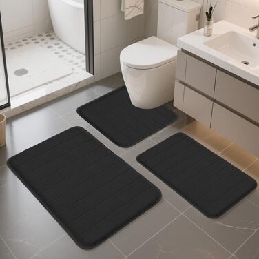 Комплект килимків для ванної кімнати, 3 предмети, чорний, килимок для ванної, що прається, нековзний килимок для ванної, матеріал з м&39якого коралового флісу, килимки для ванної, що швидко сохнуть, килимок для туалету, який можна прати в пральній машині