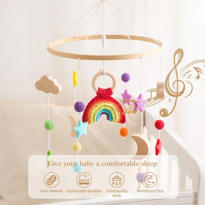 Мобільне дитяче ліжечко Baby Woods Rainbow Mobile Baby Wind Chime з фетровими кульками, хмарою та зіркою Мобільний дитячий кулон для ліжечка (веселка)