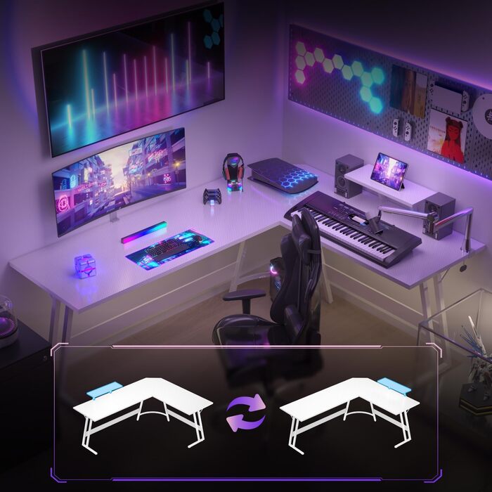 Г-подібний ігровий стіл Devoko з підставкою для монітора, кутовий стіл для геймерів, великий комп&39ютерний стіл для ПК, 150 x 130 см, вуглецеве волокно білого кольору