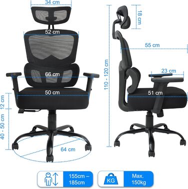 Ергономічне офісне крісло TITANO - Робоче крісло з регульованою висотою, підголівником та підлокітниками. Обертове крісло з функцією гойдання, поперековою опорою, піною з ефектом пам&39яті 12 см Вантажопідйомність 150 кг