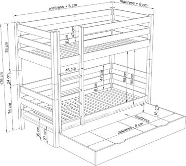Двох'ярусне ліжко з шухлядою 120х180 см, дитяче ліжко для 2 дітей, 2 сторони складання сходів ліва або права, закруглені краї, міц