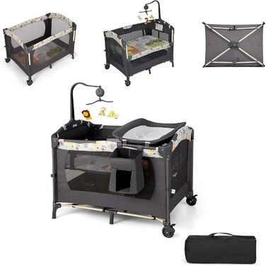 Складане дорожнє ліжечко FANTASK 4-в-1, вантажопідйомність 15 кг, приліжкове ліжечко з сумкою для перенесення, 2-рівневе дитяче ліжечко з регулюванням висоти, матрац та музичний мобіль, пеленальний столик та манеж, мобільна колиска