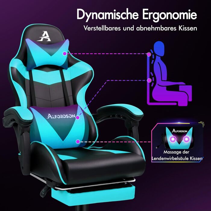 Офісне крісло ALFORDSON з масажем, ігрове крісло, ергономічне ігрове крісло з підставкою для ніг, масажна подушка для попереку з підставкою для ніг, обертове крісло, вантажопідйомність 180 кг, блакитний колір