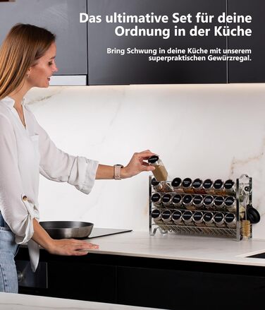 Квадратна підставка для спецій Deco haus з банками для спецій - Банки для спецій з полицею - Настінна підставка для спецій, підставка для спецій з набором з 24 банок для спецій - Металева підставка для спецій, не потребує свердління, хром - Набір з 24 пре