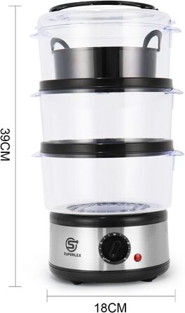 Електрична парогенератор SUPERLEX 7,5 л з 3 контейнерами для пароварки та кришкою Можна мити в посудомийній машині, таймер з паровим двигуном на 60 хвилин, автоматичне вимкнення, без бісфенолу А