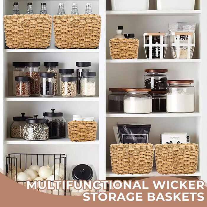 Набір із 5 плетених кошиків для зберігання, плетені кошики для зберігання з паперової мотузки, штабелювані кошики для зберігання одягу, кухні, ванної кімнати, зберігання іграшок