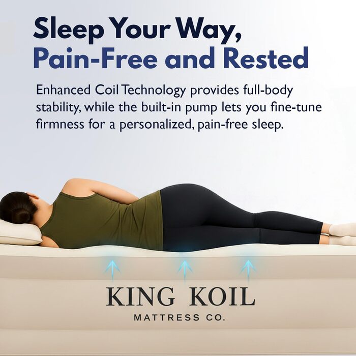 Надувний матрац KING Koil Unisex Luxury з вбудованим внутрішнім насосом 120 В змінного струму високої продуктивності, комфортною ковдрою, бежевий колір, 50,8 см