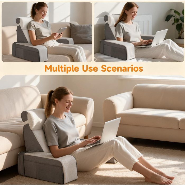 Велика подушка для читання зі знімним потиличним валиком та підлокітником, подушка для спини ліжка, ергономічна подушка для спини з підлокітником, кишеня та чохол, який можна прати, для читання та перегляду телевізора.