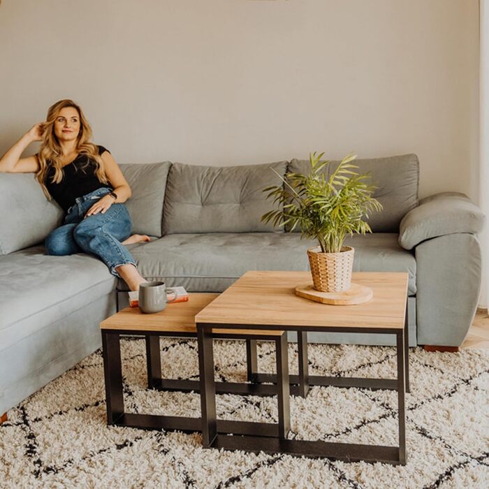Дерев&39яний стіл для вітальні LEHMANN, комплект журнальних столиків із 2 шт. у 2 розмірах, дерев&39яний приставний столик, стіл для вітальні для дивана з чорним каркасом та дерев&39яною стільницею, комплект приставних столиків для вітальні, простий сучас
