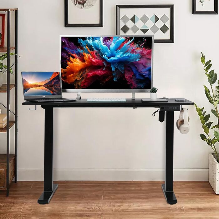Електрично регульований по висоті стіл для роботи стоячи, 120 x 60 см, стіл для роботи сидячи/стоячи з пам&39яттю налаштувань та світлодіодним дисплеєм, стіл для роботи стоячи з гачками та підключенням для кабелів, робочий стіл для домашнього офісу, чорни