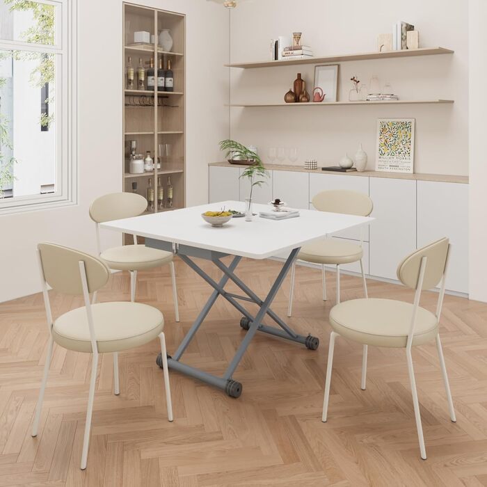 Журнальний столик VOWNER з регульованою висотою, розсувний обідній стіл 3-в-1, що економить місце, для їдальні, поворотний, трансформується у вітальню, обідній стіл, вітальню та багато іншого (білий з деревним малюнком)