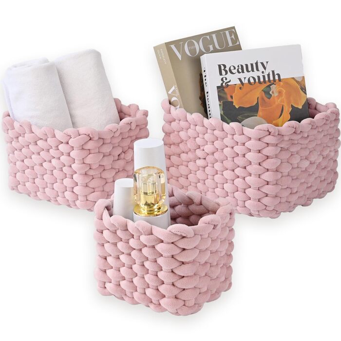Бавовняний кошик для зберігання, набір з 3 шт. - Плетений кошик-органайзер для шафи, ванної кімнати, кухні - Зберігання для дрібних побутових речей (світло-рожевий)