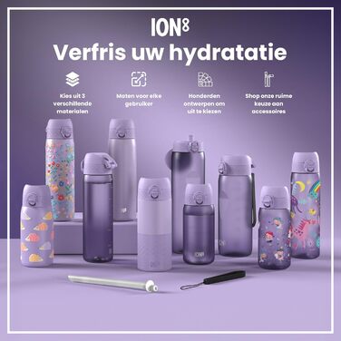 Пляшка для води ion8, 500 мл, герметична, відкривається однією рукою, надійний замок, можна мити в посудомийній машині, без BPA, ручка для перенесення, відкидна кришка, легко миється, кліматично нейтральна, світло-фіолетовий метелик, ізольована сталь