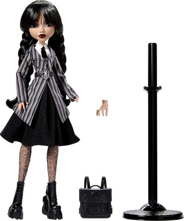 Лялька Monster High Wednesday та аксесуари, колекційна фігурка Wednesday Addams у формі Академії Nevermore з крижаною рукою та рюкзаком, підставка для ляльки, HJ04 Різнокольорова