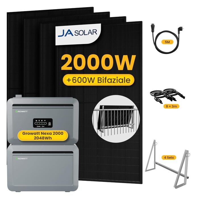 Універсальна балконна електростанція потужністю 2000 Вт з накопичувачем 4096 Втгод, Growatt NEXA 2000 з 1 розширювальним акумулятором, 4 сонячними панелями по 500 Вт з кріпленням на балконних гаках, повним комплектом аксесуарів, plug & play (0 ПДВ)