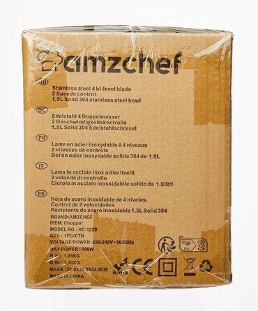 Електричний кухонний подрібнювач AMZCHEF, мультиподрібнювач 500 Вт з чашею з нержавіючої сталі 1,5 л, 2 режими швидкості, 4 леза для м'яса, овочів, цибулі, фруктів, функція безпеки