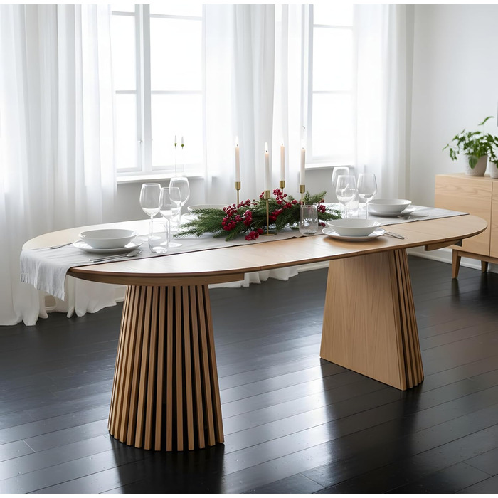 Обідній стіл ebuy24 Tokyo з 2 розсувними листами Ø120x120 до 160-200 см, дубовий шпон. Розсувний круглий обідній стіл, розсувний круглий стіл, розсувний овальний обідній стіл, натуральний дуб 120 см