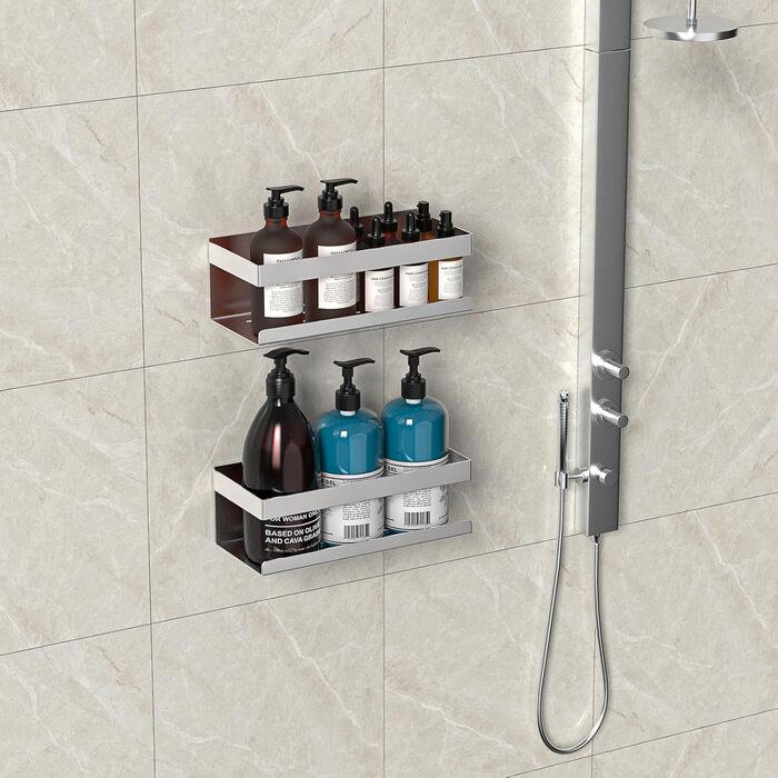 Полиця для душу без свердління, 2 шт., нержавіюча сталь SUS304, органайзер для ванної кімнати, тримач для шампуню та гелю для душу (сріблястий, 2 шт.)