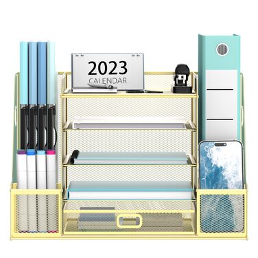 Настільний органайзер SUPEASY Grid з тримачем для файлів, 5-шаровий лоток для паперу та листів з тримачем для журналів, настільний органайзер та місце для зберігання з шухлядою, золотистий