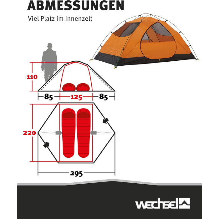 Зарядний пристрій для трекінгового намету Wechsel I Купольний намет для 2 осіб I Швидкорозкладний двомісний намет I Компактний та портативний I Ідеальний намет для кемпінгу, піших прогулянок та велосипедних поїздок на 2 особи