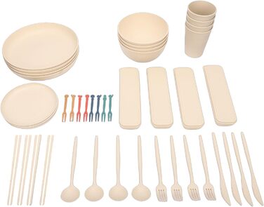 Набір посуду на 4 особи, небємий тарілки, миски та чашки. Зручна коробка для зберігання, можна мити в посудомийній машині та використовувати в мікрохвильовій печі. Ідеально підходить для дому, кемпінгу, пікніків.