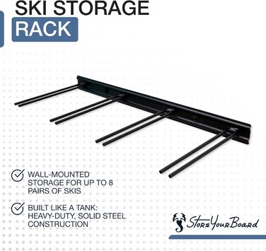 Настінне кріплення для лиж StoreYourBoard для 8 пар лижних стійок для дому та гаража, виготовлене зі сталі (чорне) 8 лиж