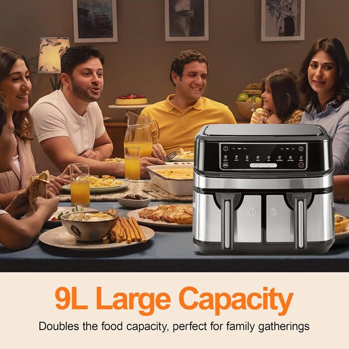 Аерофритюрниця двокамерна 9 літрів, фритюрниця XXL з 2 незалежними ящиками 4.5 л, 8 автоматичних програм, фритюрниця зі світлодіодним сенсорним екраном, функції Smart Finish & Match Cook