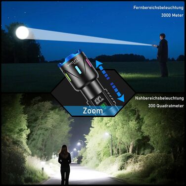 Акумуляторний світлодіодний ліхтарик, 500 000 люмен, надзвичайно яскравий ліхтарик з акумулятором 5000 мАг та РК-дисплеєм живлення, 3 режими освітлення, можливістю масштабування, для кемпінгу та використання на природі, матово-чорний