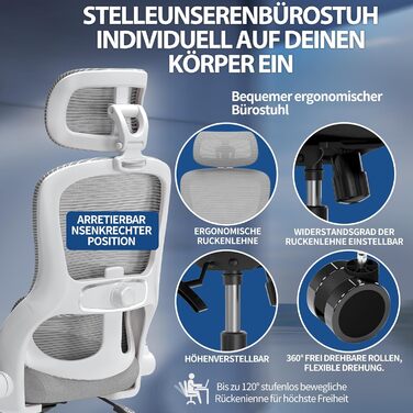 Ергономічне офісне крісло TRALT - Ігрове крісло з регульованим підголівником та поперековою опорою - Офісне крісло для дому - Комп&39ютерне крісло для високих людей - Сітчасте крісло, вантажопідйомність 150 кг, сірий колір