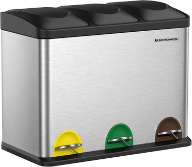 Відро для сміття кухонне, система розділення відходів 3 відділення, відро для сміття, металеве педальне відро на 45 л, 3 х 15 л, п