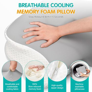 Подушка для шиї, подушка з піни з ефектом пам&39яті, подушка для шиї, подушка для голови, ергономічна подушка для сну на боці, на спині та на животі, 62x49/12 см, сірий/білий