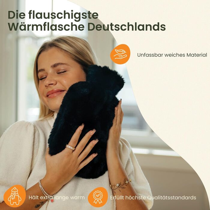 Пояс для грілки KUNU Original - Преміальна довга грілка з поясом - Пояс для нагрівання під час менструації 130 см - Плюшева грілка з кришкою - Пояс для грілки з подарунковою упаковкою, пухнастий чорний