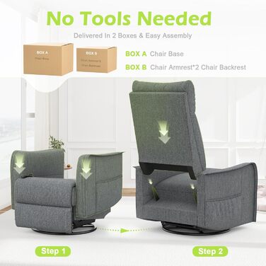 Крісло для телевізора/масажне крісло з функцією відкидання, крісло для релаксації з підігрівом та масажем, крісло для телевізора з поворотом на 360 для вітальні, крісло-гойдалка з м&39яким підголівником, 2 бічні кишені, сірий