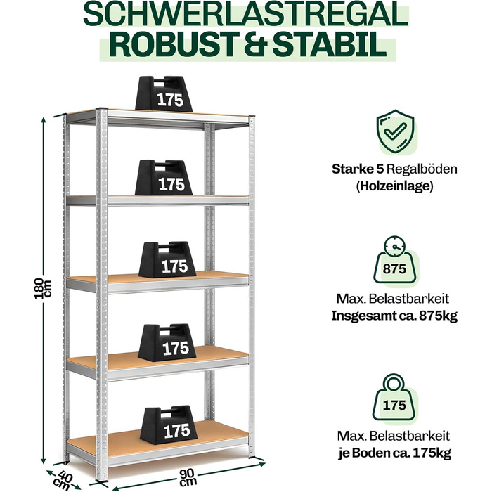 Потужний стелаж Blumixx 180x90x40 - вантажопідйомність 875 кг на полицю, 5 регульованих полиць з МДФ - стелажі для підвалу, стелажі для зберігання, металевий стелаж, система стелажів без болтів - система стелажів для майстерні, комори, гаража