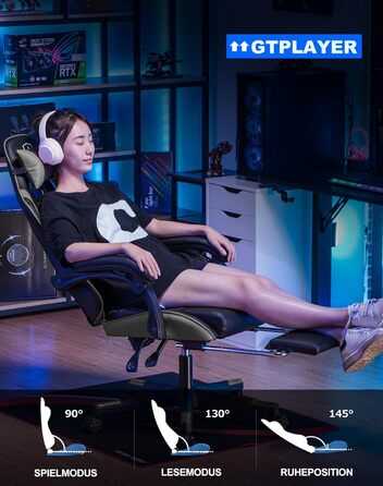 Ігрове крісло GTPLAYER - Ергономічне офісне крісло з регульованою поперековою опорою/підголівником та підставкою для ніг, вантажопідйомність 150 кг, сірий Ігрове крісло, крісло для ПК, письмове крісло