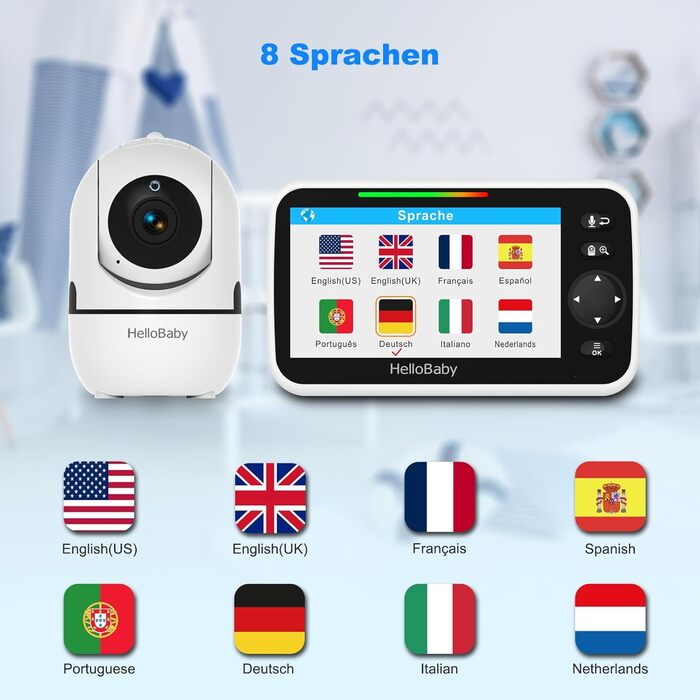 Монітор HelloBaby з камерою, батарея на 30 годин з 5-дюймовим екраном, 355 панорамування-120 нахил-зум, радіоняня без Wi-Fi, 2-сто