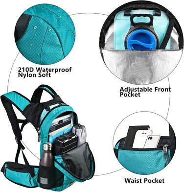 Гідратаційний рюкзак, 20 л / 2 л камера, Водонепроникний, Нейлон/Пластик, Чорний матовий