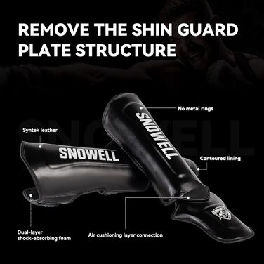 Щитки для гомілок для кікбоксингу синтетична шкіра, подвійна пінопластова підкладка, легкі та гнучкі, для муай-тай, ММА та бойових мистецтв без металевого кільця чорні