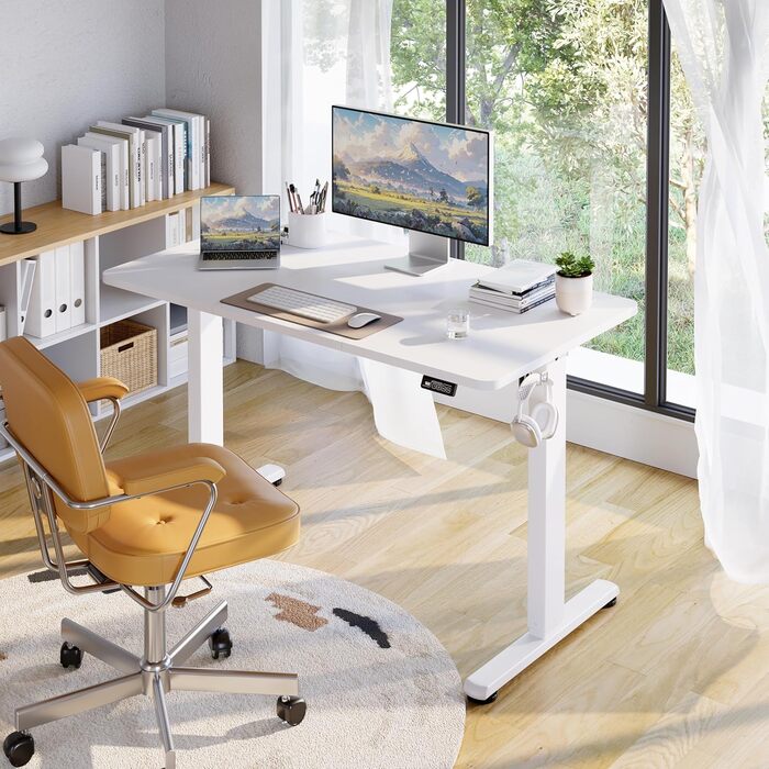 Стіл з регульованою висотою 120 x 60 см, стіл з електричним регулюванням висоти та функцією пам&39яті, стіл для роботи стоячи, регульований стіл, комп&39ютерний стіл для офісу, стіл для роботи стоячи, білий 120 x 60 см